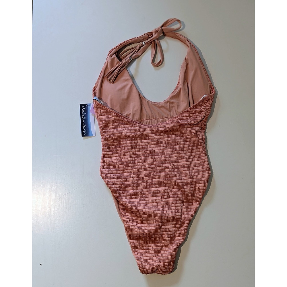 Isabella‎ Rose Womens Smocked Halter One Piece Swimsuit Tassel Pink Large NEW - Picture 2 of 7